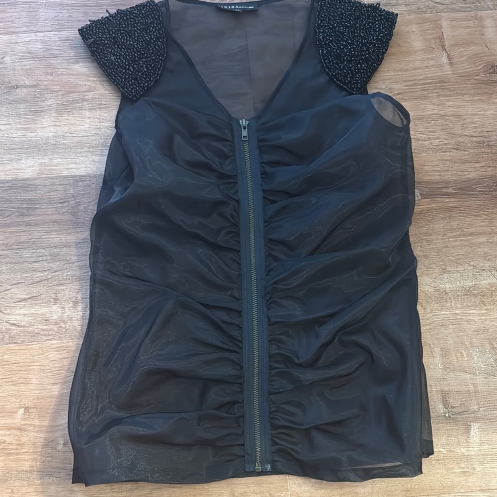 AKIRA Black Ruched Top with Beaded Shoulders